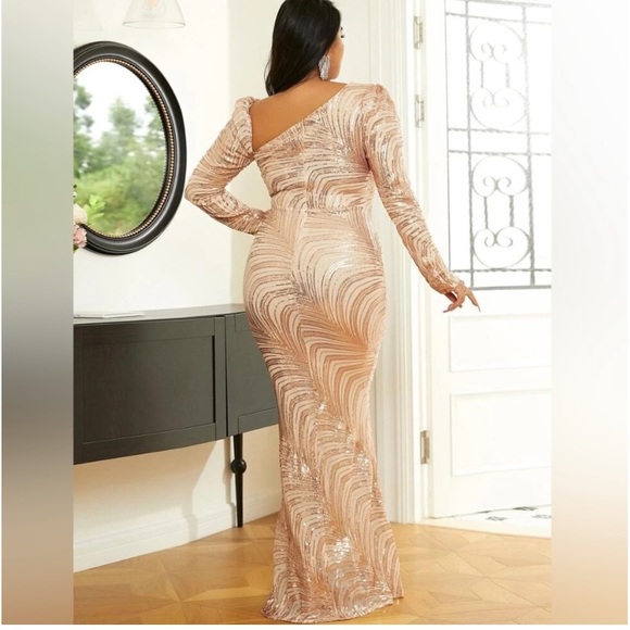 PLUS GOLD ASYMMETRICAL NECKLINE FORMAL MERMAID DRESS - Picture 6 of 11